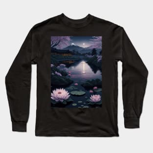 Serene Mount Fuji Sunset - Peaceful River Scenery - Lotus Flowers Long Sleeve T-Shirt